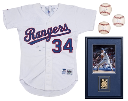 Lot of (5) Nolan Ryan Signed Collection Including Texas Rangers Jersey, Photo & Gold Card in Framed Display & 3 OAL Brown Baseballs (JSA & Beckett)